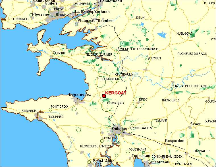 Localisation de Kergoat en Porzay, et des descendants par Code Postal et importance (cercles verts) 